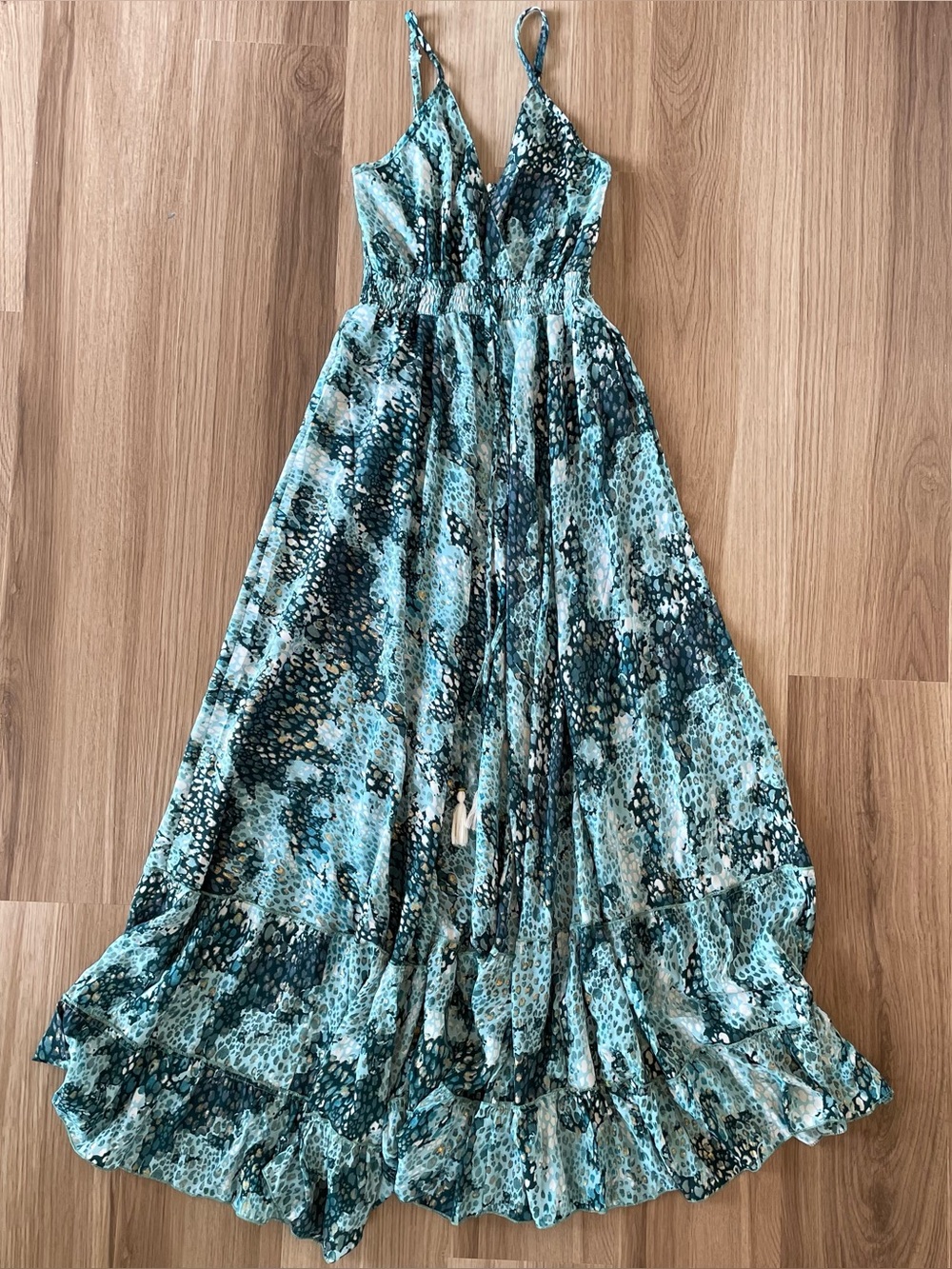 Mooi Dress Women's Small Blue/Green/Gold Stretch Adjustable Maxi Boho Resortwear